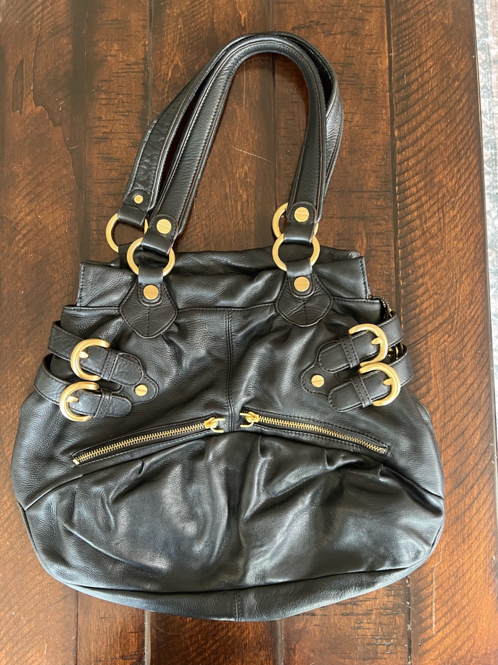 B. Makowsky Black Leather Slouchy Hobo Bag Gold Hardware Buckles